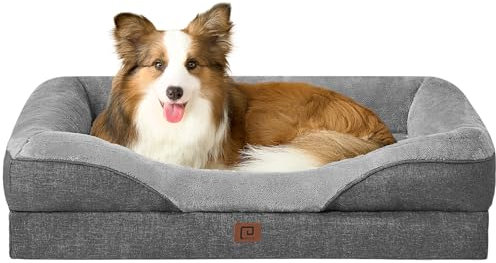 EHEYCIGA Orthopädisches Hundebett Mittelgroße Hunde, 91x68x17.5cm, Memory Foam Waschbar und Wasserdicht Hundekorb mit 4 Rändern, Hundesofa Hundecouch rutschfest, Grau
