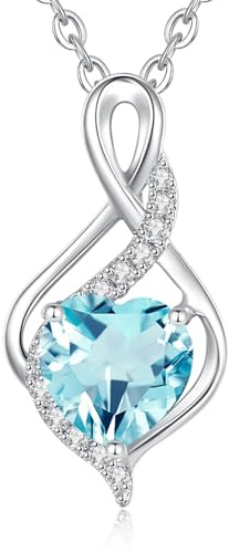 FANCIME Solide 14 Karat Weißgold Unendlichkeit Herz Aquamarin und echt Diamant Anhänger Halskette, Feine Geschenk Schmuck für Damen Mädchen, 925 Silber Kette: 40 + 5 cm