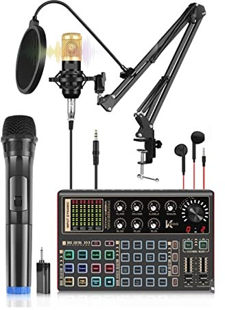 Msuiiixcccc Microphone English Version Sound Card Mixer Wireless Microphone Kits with Ring Light Live Streaming Set Suitable for Anchor, Dubbing Studio, Recording, st