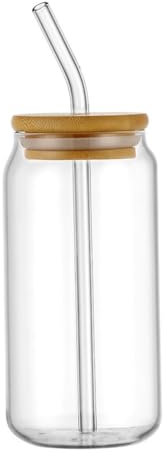 Juego de vasos de vidrio en forma de lata reutilizables con tapas y pajitas y cepillo para batidos, cócteles, té, cola, jugo, refrescos (550 ml)