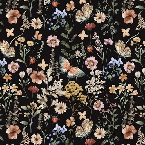 Timeet Selbstklebende Tapete Vintage Blumen und Schmetterlinge Schwarz 41x300cm Klebetapete Selbstklebend Wand Vinyl Möbelfolie Dekoration Schlafzimmer Wohnzimmer Möbel Wand