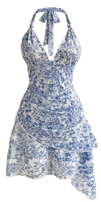 SweatyRocks Damen Kleid Boho Neckholder Kleider Blümchenmuster Asymmetrisch Sommerkleider V Ausschnitt Blumenkleider Rückenfreies Trägerkleid Ärmelloses Minikleid Blau M