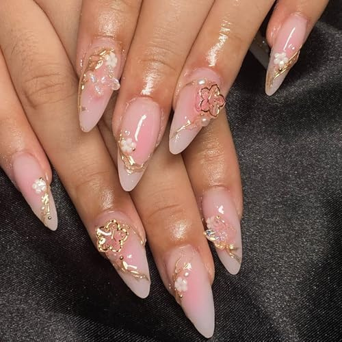 24 Uds Prensa de almendras cortas en uñas cubiertas completas pegado en uñas acrílico conjunto con encanto floral falso clavo corto de almendras