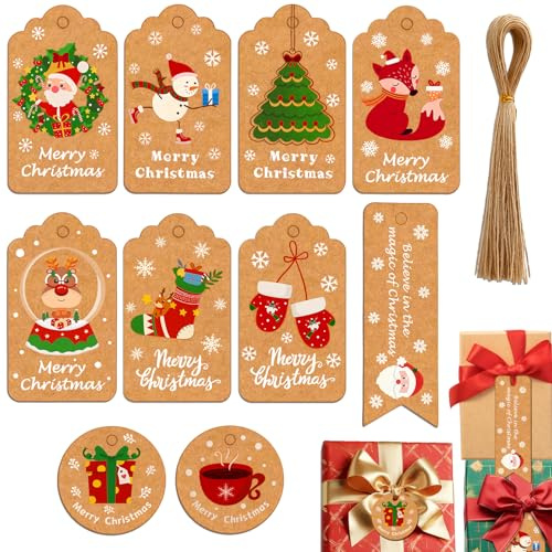 Aujzoo 50PCS Christmas Tags 10 Styles Kraft Paper Tag Hang Labels with 50pcs Hemp Rope for Decorating Christmas Trees or Packaging