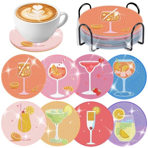 AEVORA 8 sottobicchieri per diamond painting con fiori, per cocktail e diamanti, per fai da te, sottobicchieri antiscivolo, per pittura con diamanti per principianti, adulti