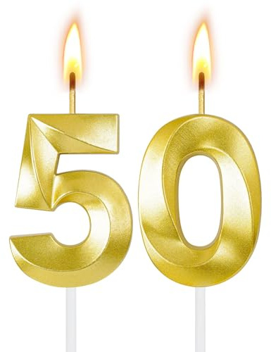 Fesnova Geburtstagskerzen Gold 50, Kerze 50 Geburtstag, 17 x 6cm, für Tortendeko, Geburtstagsdeko, Feier, Hochzeit, Jubiläum(Zahl 50)
