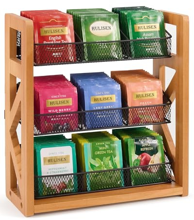 HULISEN Tea Bag Organiser for 120 Tea Bags, 3-Tier Tea Bag Holder with Removable Baskets, Wooden TeaBag Storage Rack for Kitchen Counter, Coffee Bar, Pantry, Cabinet or Wall Mount
