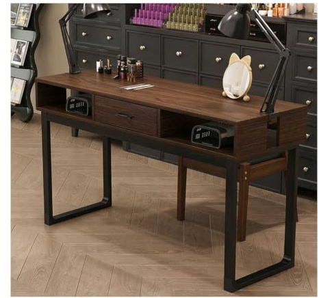 LVLDAWA Massivholz Maniküretisch Nagelstudio Metallgestell(Braun,120x40x78cm)