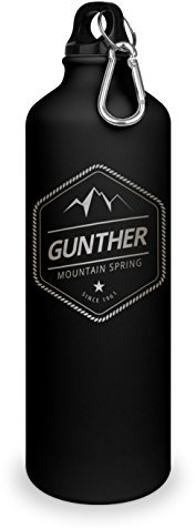 Trinkflasche mit Namen Gunther - graviert mit Adventure Layout, Aluminiumflasche mit Gravur, Sportflasche - matt schwarz