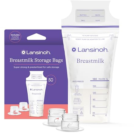 Lansinoh Sacchetti per latte materno con adattatori pompa per sacchetti, 50 sacchetti per latte