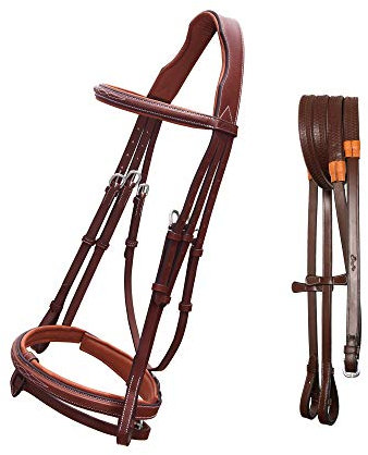 Exion Bride de saut pour cheval avec flash amovible et rênes en caoutchouc | Bride royale anglaise pour chevaux | Marron chêne | Taille Cob