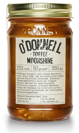 O’Donnell Moonshine Toffee Likör- (350ml) Toffeelikör süß-kräftig & leicht rauchige - Karamell Whiskey Likör im Original Moonshine Schnaps Mason Jar - 25% Alkohol in Probiergröße