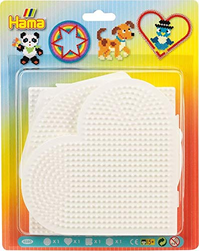 Hama Perlen 4580 Große Stiftplatten 4er Set für Midi Bügelperlen mit Durchmesser 5 mm, Motive Kreis, Herz, Viereck und Sechseck in weiß, kreativer Bastelspaß für Groß und Klein