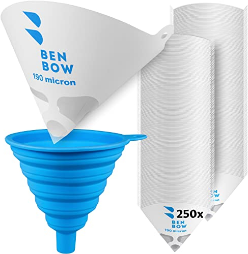 BenBow Lacksieb 190µ x 250 Stück - Einweg-Papierfilter mit Nylongewebe und praktischer Silikontrichter - zum Filtern von Lacken und Farben vor Verunreinigungen