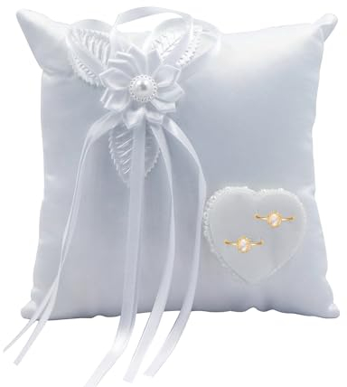 mimzemamz Ringkissen Hochzeit Ringhalter Kissen, Weiß Brautkissen Träger Ringschachtel 20x20cm Ringkästchen Ringschatulle mit Satinband und Simulation Perle (Ringkissen 1)