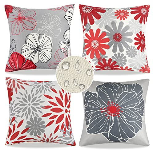 Lot de 4 Taie d'oreiller pour Canapé 40x40cm Exterieur Impermeable Carrée Marguerites Rouge Housse de Coussin d'extérieur Lin Moderne Printemps été Décoratif pour Canapé Salon Chambre Jardin Interior