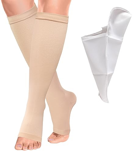 BellaAchtung Bas de Contention Médical Pied Ouvert Chaussettes de compression femme 23-32mmHg Soutien Graduel Manchon de Compression Mollet pour Les Varices, L'œdème