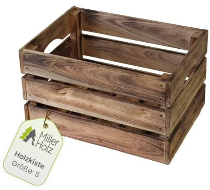Miller Holz Kiste geflammt - Holzkiste stapelbar, robust und nachhaltig - Hochwertige, handgefertigte Obstkiste Holz, Kartoffelkiste zum lagern (S)