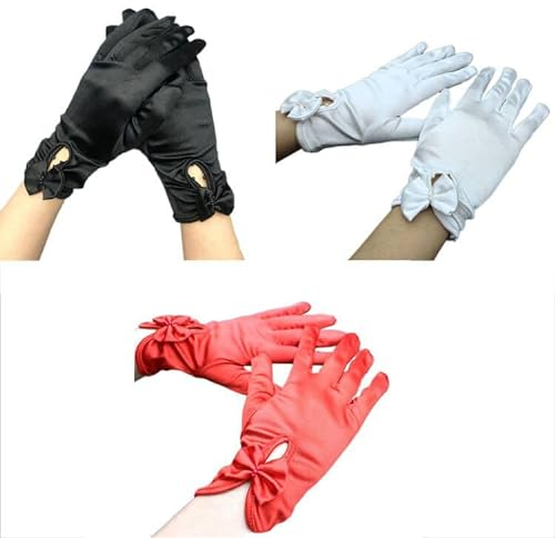 Whakano 3 Paar Elegante Kurze Gloves mit Schleife,Kurze Hochzeitshandschuhe,Vintage Damen Handschuhe,Brauthandschuhe Vollfinger,für Halloween,Bankett,Party,Hochzeit,Tea Party Zubehör,Schwarz+Rot+Weiß