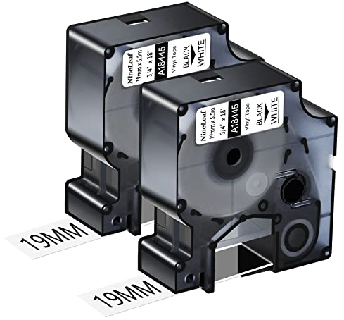 NineLeaf 2 Packung Ersatz für Dymo IND 18445 A18445 19mm x 5.5m Bänder Schwarz auf Weiß Vinyl Permanentes Industrie Schriftband für Rhino 4200 5200 5000 6000 ILP 3M PL150 PL200 Beschriftungsgerät