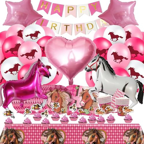 Bemoseng 103 PCS Pferd Geburtstagsdeko Partygeschirr 16 Gäste, Rosa Pferd Partygeschirr, Pferde Party Luftballons, Pferde Geburtstag Geschirr, Teller Pappbecher Cupcake Topper Tischdecken