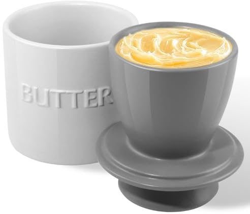 QIAMO Keramik Butterdose, Französische Butterdose mit Deckel, Butterglocke aus Porzellan, Butter Crock Grau mit Wasserlinie, für weiche Butter (weiß)