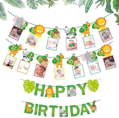Bannière Animaux Safari Jungle Jungle Bannière de 1er Bebe Photo Bannière 1-12 Mois Bannière Photo Animaux Guirlande Photo 1er Anniversaire pour Garçons Filles Anniversaire Douche de Bébé Fête
