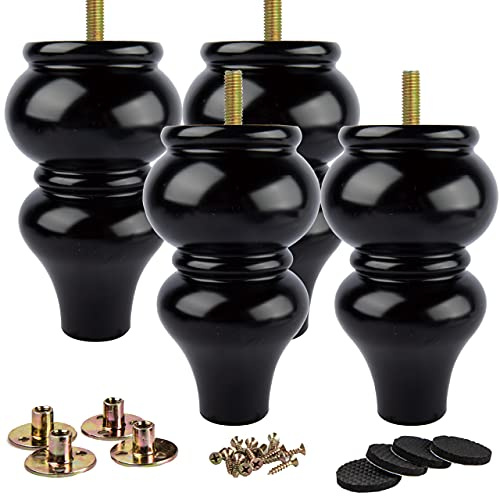 La Vane 20cm Massivholz Möbelfüße 4 Stück Klassisch DIY Kugelfüße Schwarz | Ø9 cm (statt üblich 6 cm) Höhere Tragkraft, inkl. M8 Montageplatten & Bodenschoner, für Sofa Tisch Schrank Ottomane Stuhl