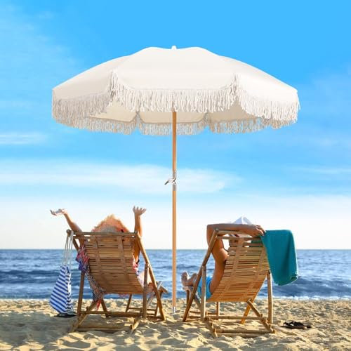 Parasol de plage Parapluie blanc de 6 pieds avec frange, parasol de plage portable pour le sable, UPF50 +, pour patio extérieur, avec table inclinable, imperméable, pour jardin, extérieur, cour, avec