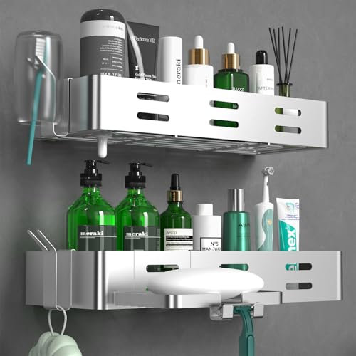 Daoun Dusche Regal ohne Bohren Duschablage Silber Shampoo-Halter für Dusche Badezimmer Organizer Edelstahl, 2 Stück Duschregal mit Seifenhalter und 2 Haken
