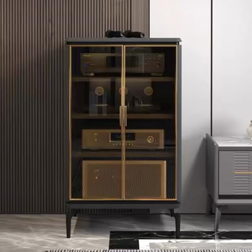 GUAWJRZDP 4-stufiger Phonoschrank, Audio Rack Hi Fi Regal Aus Holz, Hi Fi Rack mit Tür Aus Gehärtetem Glas, Record Player Stand mit Kabelmanagement, Moderner TV-Schrank for Das Wohnzimmer(Dark Gray,W4