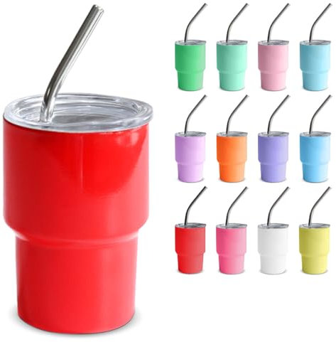 GHKLNY Paquete de 12 mini vasos de chupito con tapas y popotes, divertidos vasos de chupito de acero inoxidable de colores para fiesta, barra de whisky (2 onzas)