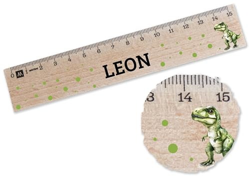 Holz Lineal 15cm - Schulstart Holzlineal | 15 Holzlineal mit Dinosaurier | Dino Holzlineal für Kinder | Kinder Holzlineal 15 mit Dinosaurier - 15 cm - Holz - klein grundschule schulbedarf 15 cm