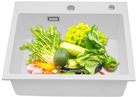 MINRS Lavello da incasso, 45 x 55 cm, con cestello di scarico e tubo di scarico, rettangolare, 1 lavandino senza foro per rubinetto bianco, per interni ed esterni