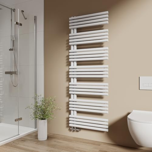 EMKE Design Rundrohr Badheizkörper 1660x600 mm, Handtuchheizkörper mit Seitenanschluss, Handtuchwärmer & Handtuchtrockner in Weiß 1075W