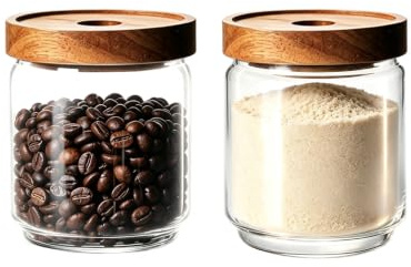 Glass Jars with Airtight Wood Lids - 500 ML Small Kitchen Pantry Storage Containers, Stackable Decorative Canister for Tea, Ground Coffee, Sugar, Spice, Salt, Matcha, Nuts, Q-Tip, Chia Seed, Set of 2