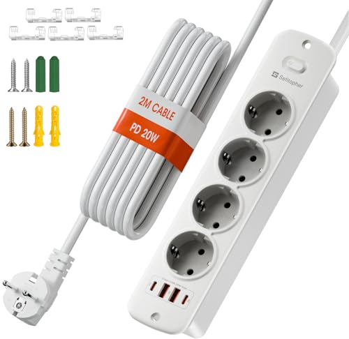 Sefitopher (8 in 1) Steckdosenleiste 4 Fach mit 4 USB PD 20W, Einbausteckdose mit Schalter 2 Meter Kabel für Phone und Haushaltsgeräte für Büros, Schreibtisch oder Schlafzimmer 4000W Weiß