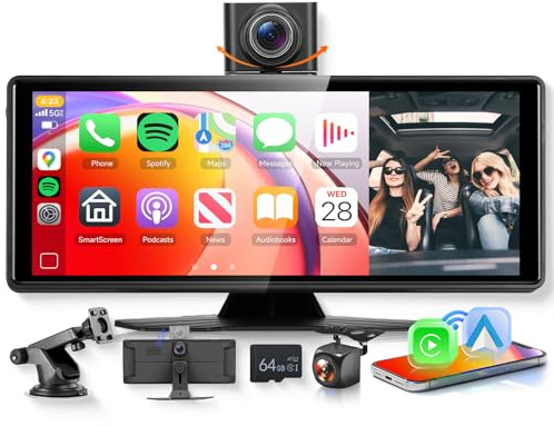 Wireless Carplay Screen Portable Car Stereo with 4K Dash Cam(180° Rotatable) Wireless Android Auto, Hodozzy 10.26 Touchscreen Radio 1080P Rear Camera DVR Mirrorlink Bluetooth Siri AUX 64G TF Card