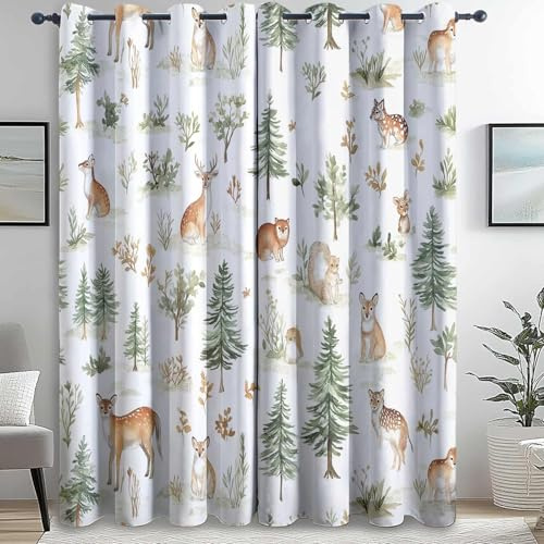 Wald Tier Winter Blickdichte Vorhänge H215 X B110 cm (2Er Pack) Grün Braun – Verdunkelungsvorhänge Mit Sonnenschutz – Für Kinderzimmer, Wohnzimmer & Balkon – Schiebevorhänge Geeignet
