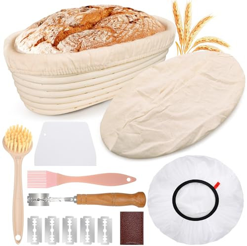 Mispudin Sourdough Proving Basket Oval 28cm/11, Natural Rattan Oval Banneton Proofing Basket 700g with Liner, Cover, Bread Lame, Scraper, Brush, Complete Bread Making Accessories for Starter