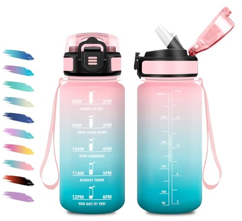 KollyKolla Borraccia 500ml, Borraccia con Cannuccia, Facile Pulizia, a Prova di Perdite, Bottiglia Acqua Motivazionale con Indicatore del Tempo, Bottiglia per Ufficio, Escursionismo, Yoga