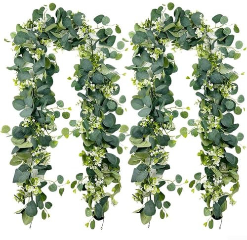 HEIBTENY Ghirlanda di eucalipto artificiale 180 cm viti foglie finte fiori bianchi da appendere ghirlande di edera per feste di nozze mantello casa decorazione primaverile