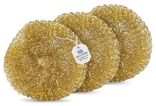 FUSL BrassSchwamm kratzfrei 3 Stück – Messingschwamm für empfindliche Oberflächen – rostfrei & gründlich reinigen – ideal für Edelstahl, Ceran, Backofen & Grill – langlebig & nachhaltig