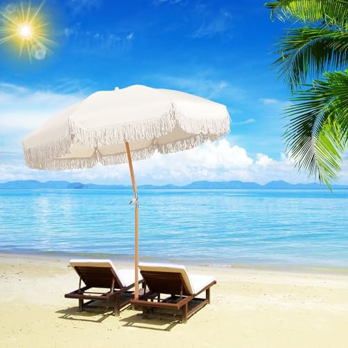 6ft Terrassenschirm im Freien, neigbar, weiß, Boho-Schirm mit Quasten, Strandschirme zum Schutz vor Sand, Fransenschirm, wasserdicht, Tischschirm, winddicht, für Garten, Pool, Hinterhof, mit Tragetasc