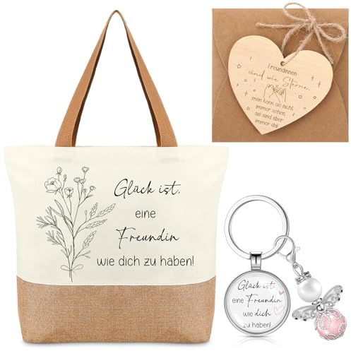 Otuuz 5 Stück Geschenke Set für Freundin Tasche aus Jute und Canvas Schlüsselanhänger Schutzengel Anhänger Dankeskarte aus Holz mit Umschlag und Schnur Jutebeutel für Frauen Geburtstagsgeschenk