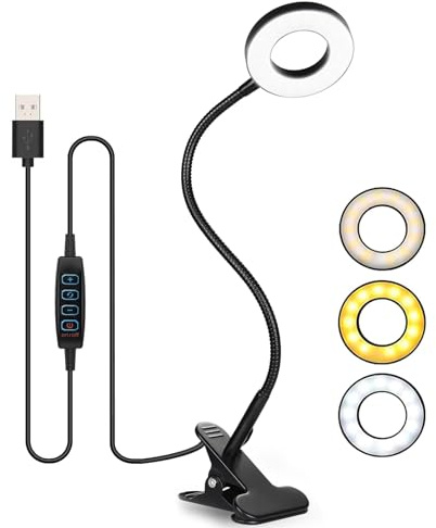 Desk Lamp Clip On Clamp Light & Clip Lights 3 Light Mode 10 Dimmable Brightness Eye Caring Book Adjustable for Reading Studying Working Video Conference Lighting - Black