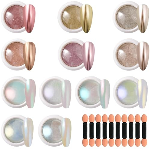 Teouuas 12 Stück Chrome Nail Powder, Spiegeleffekt Nagelpuder Grosse Kapazität Glitter Nagelkunst Pulver Nail Chrome Powder Set Crome Pulver Nägel, für Nageldesign DIY Salon, Mehrfarbig