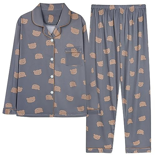 Pigiama da donna lungo con bottoni, biancheria da notte da donna, in cotone, a maniche lunghe, da notte, in due pezzi, per autunno e inverno, per il tempo libero, grigio scuro, XL