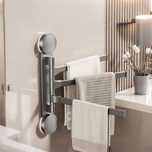 Porte-serviettes pivotant avec ventouses - 3 bras - Aluminium - Fixation murale - Pas de perçage nécessaire - Gris foncé