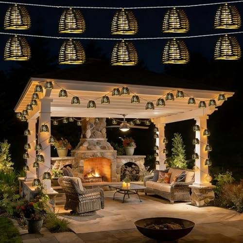 Decorative Outdoor Patio String Lights, Rattan Wire Bell Style Lantern String Lights, Connectable Weatherproof Indoor Outdoor Boho Fairy String Light for Home,Pergola Garden,Party Backyard